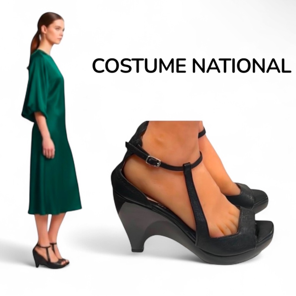 Authentic CNC Costume National black leather designer platform heels sz 9.5